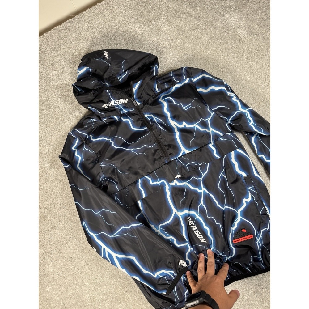 Reason Brand Windbreaker Blue Lightning Bolts all over Print Size Small Nwot
